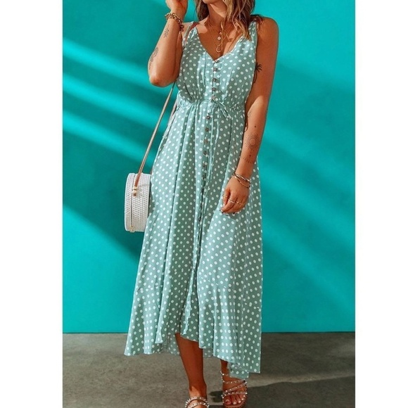 Mint Green Polka Dot Midi Button Through Dress Flared V-Neck - Picture 14 of 16